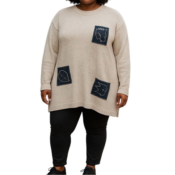 Stitches in Time Vintage Sweater Fall Leaf Navy Patches Tan Artsy Tunic Women 3X - Picture 1 of 10
